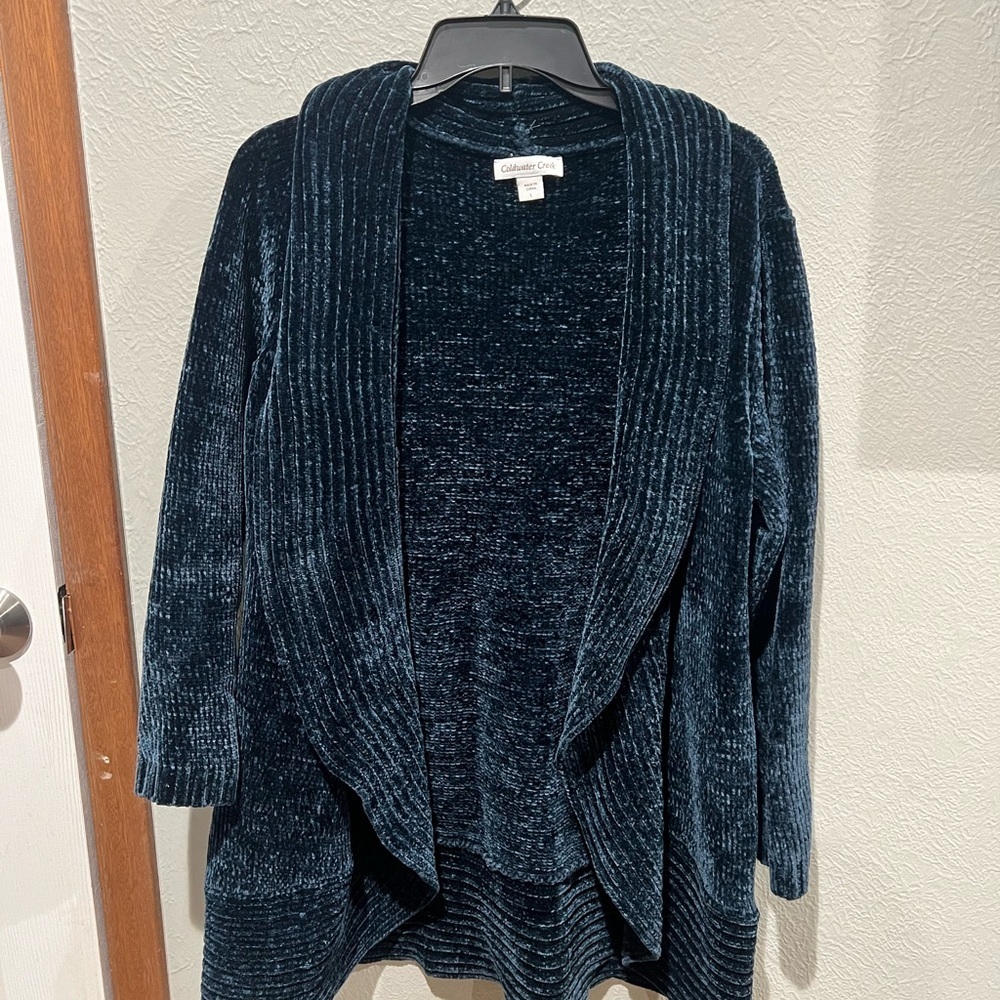Coldwater Creek Deep Teal Chenille Open-Front Cardigan Heavy Warm Cozy Size L